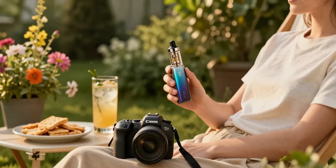 Enjoying cbd vapes outdoors in a tranquil setting with lush greenery and stylish vape device.