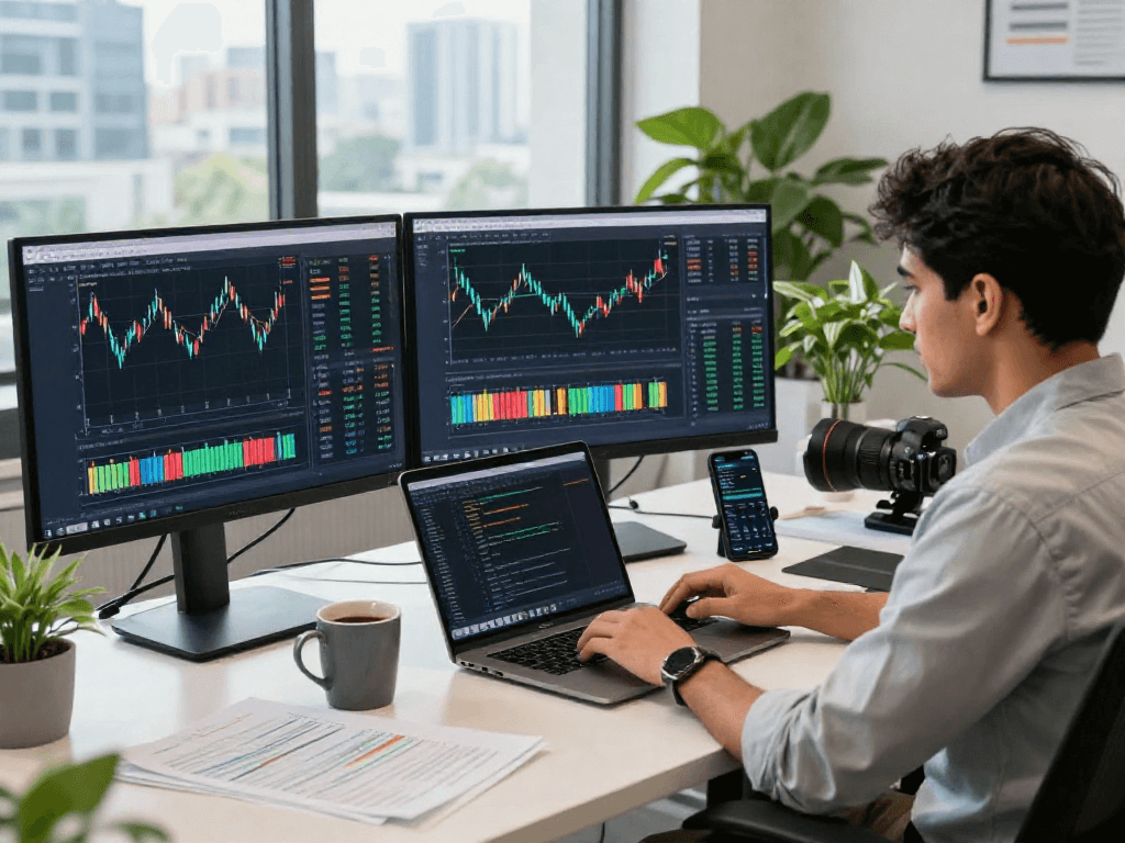Developer analyzing data from India stock real-time API in a modern workspace.