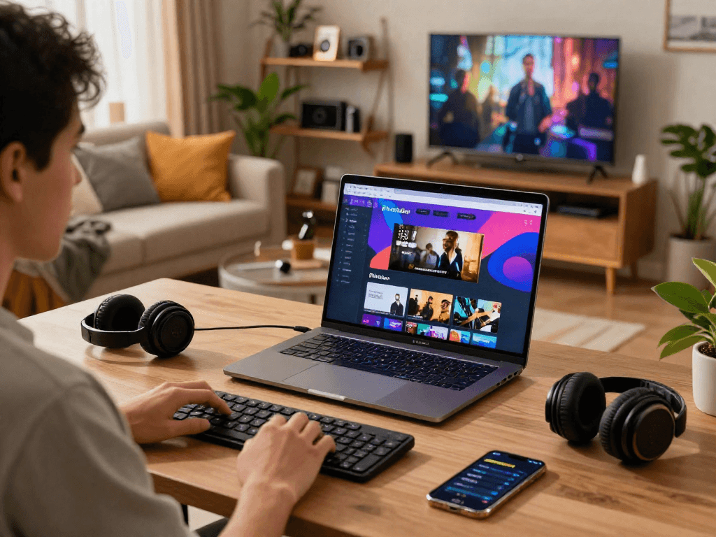 Pikashow app download showcased in a modern, stylish workspace with streaming content on a laptop.