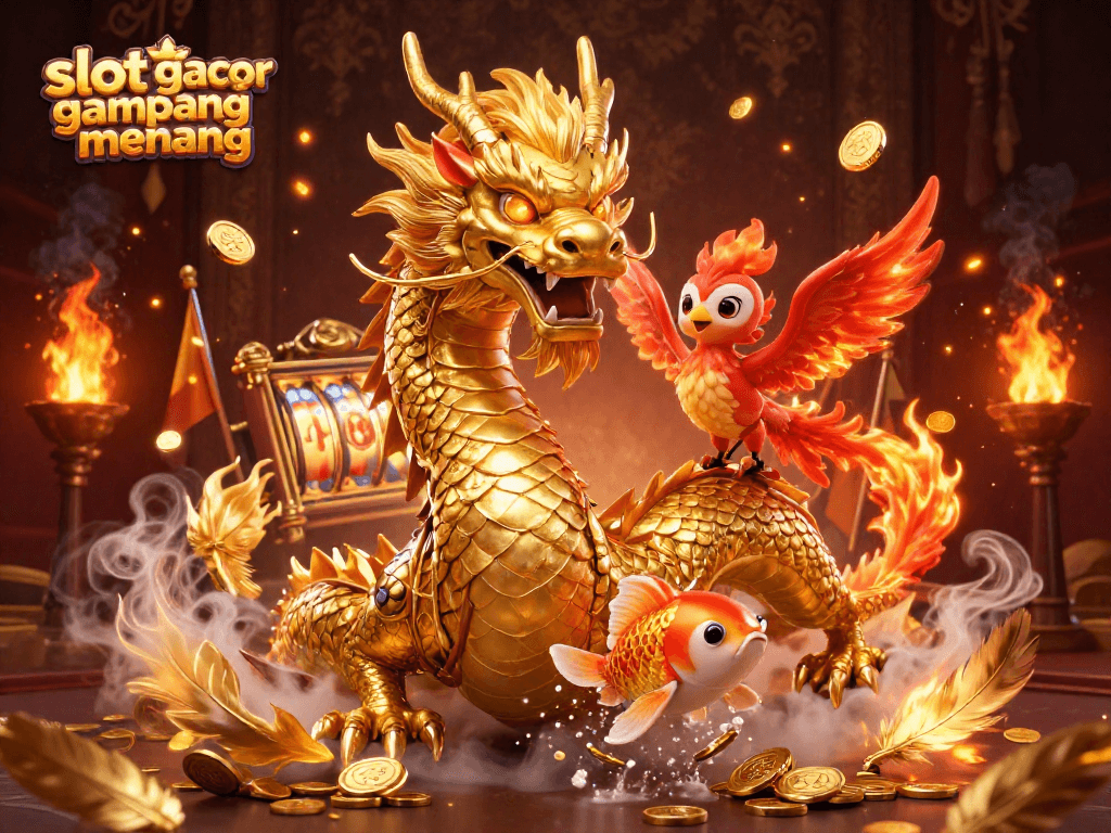 Experience slot gacor gampang menang with a golden dragon and phoenix amid coin showers in this dynamic casino scene.