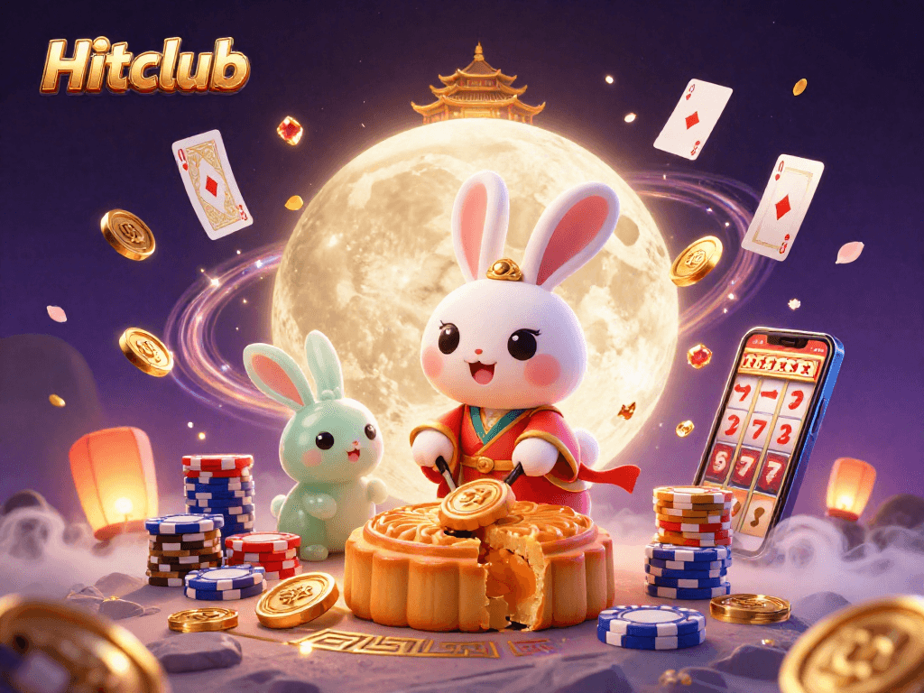 Hitclub features a moon rabbit character celebrating with poker chips and playing cards amidst sparkling casino elements.