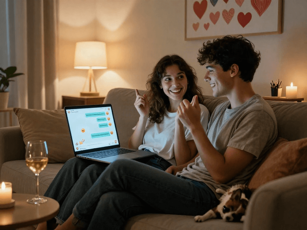 Engaging playful conversation through an nsfw chat bot in a cozy setting with a couple on a couch.