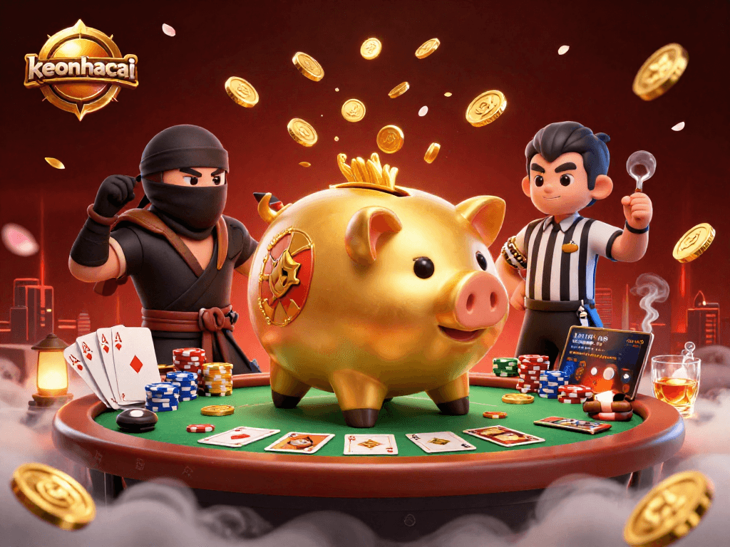 Engaging keonhacai action featuring golden piggy bank wrestler and ninjas in a vibrant casino scene