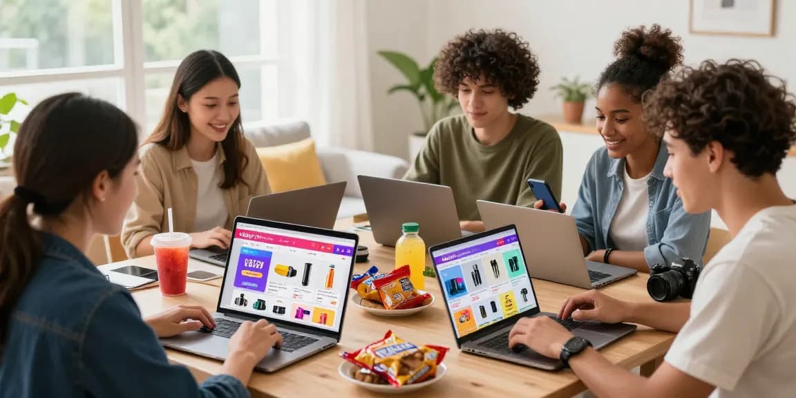 Group of young adults enjoying lucky77 online shopping experience from home.
