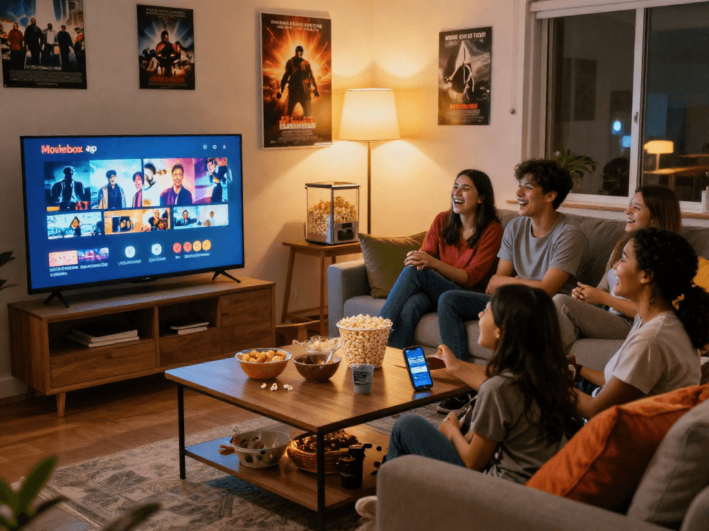 Friends enjoying movie night with Moviebox apk streaming on TV, cozy living room setting.