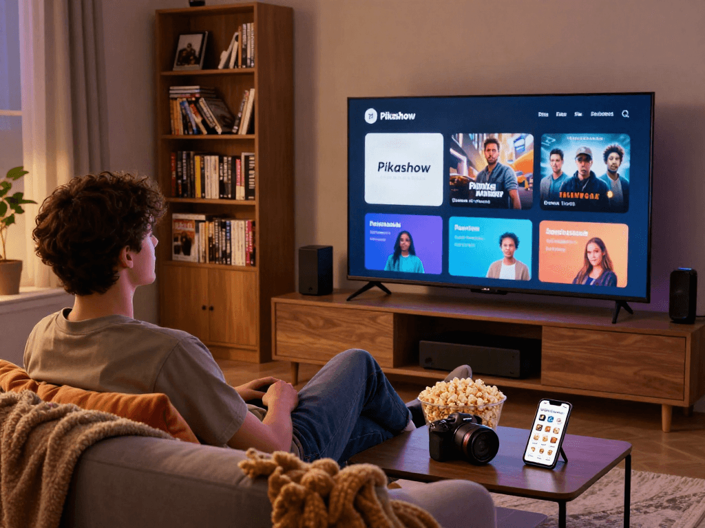 Relaxed young adult streaming on the Pikashow app in a stylish home environment.
