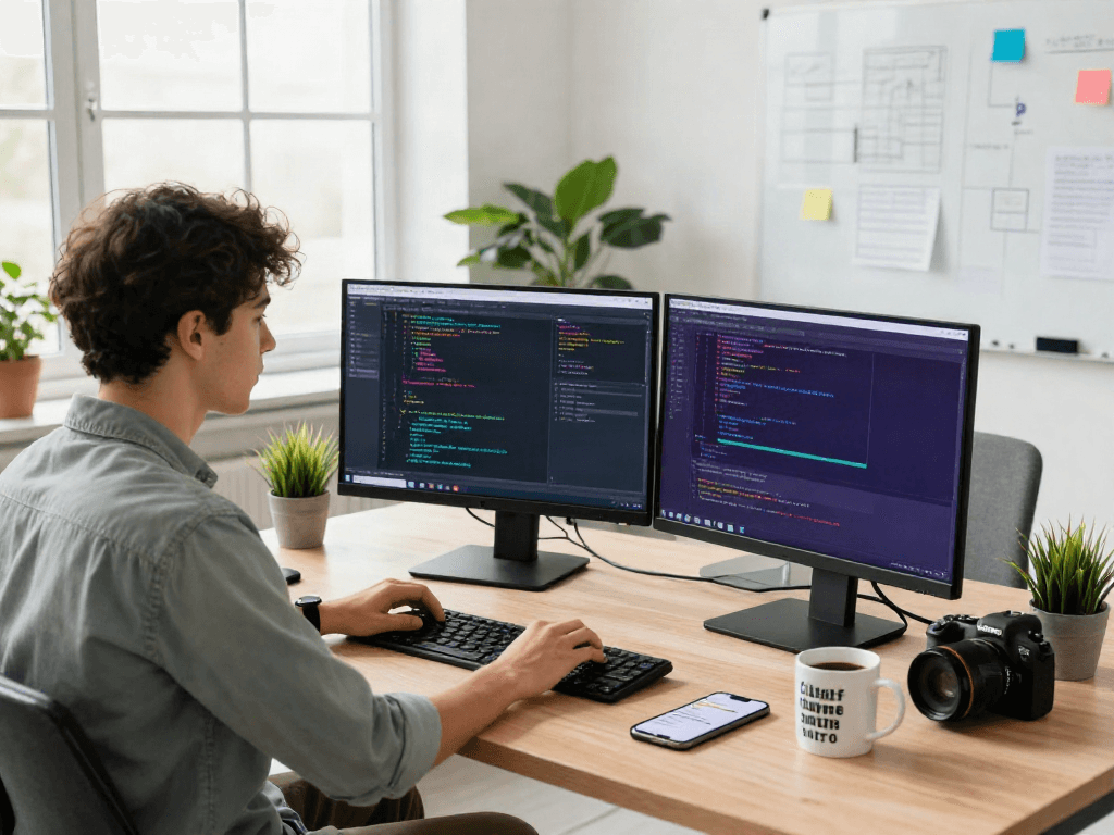Developer coding gbwhatsapp in a bright modern workspace, dual monitors displaying colorful code.