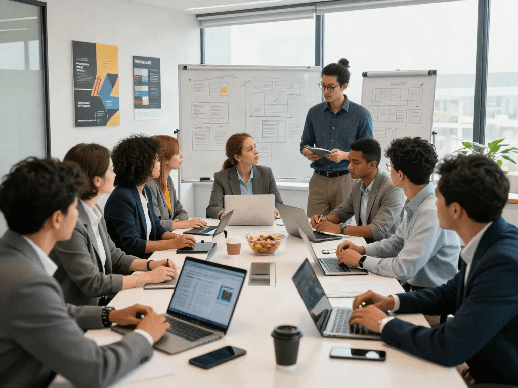 Tim profesional berkolaborasi dalam sesi pertemuan strategis, menampilkan data analisis, bekerja dengan cepat di lingkungan kantor modern, mengintegrasikan快连官方.