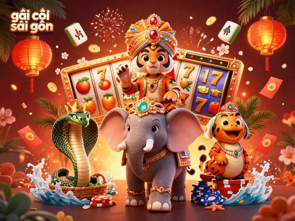 Engage with gái gọi sài gòn in this vibrant 3D casino scene filled with slot reels and festive elements.