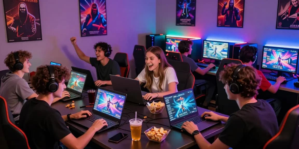 Group enjoying porn game experience in a vibrant gaming lounge with devices and snacks.