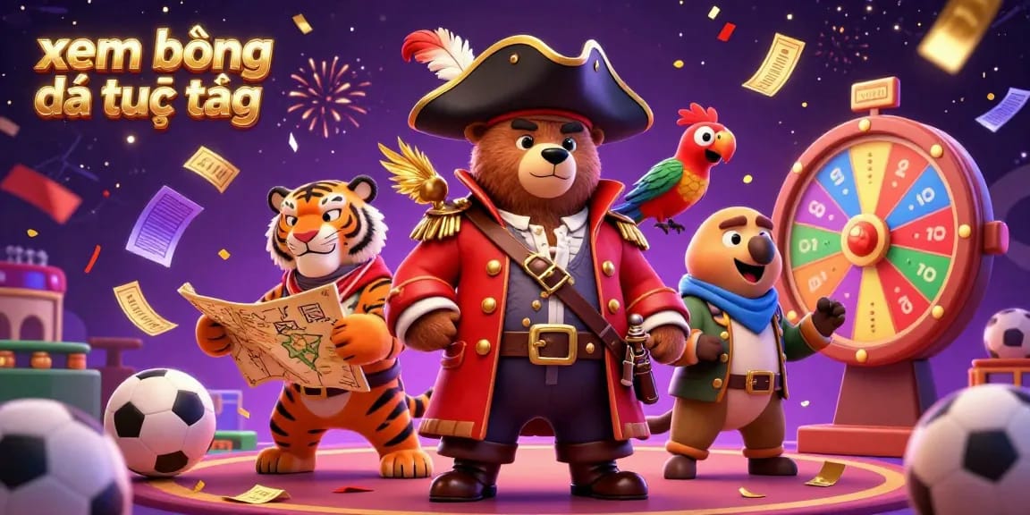 Experience the excitement of xem bóng đá trực tiếp with vibrant sports betting characters amidst dynamic prize elements.