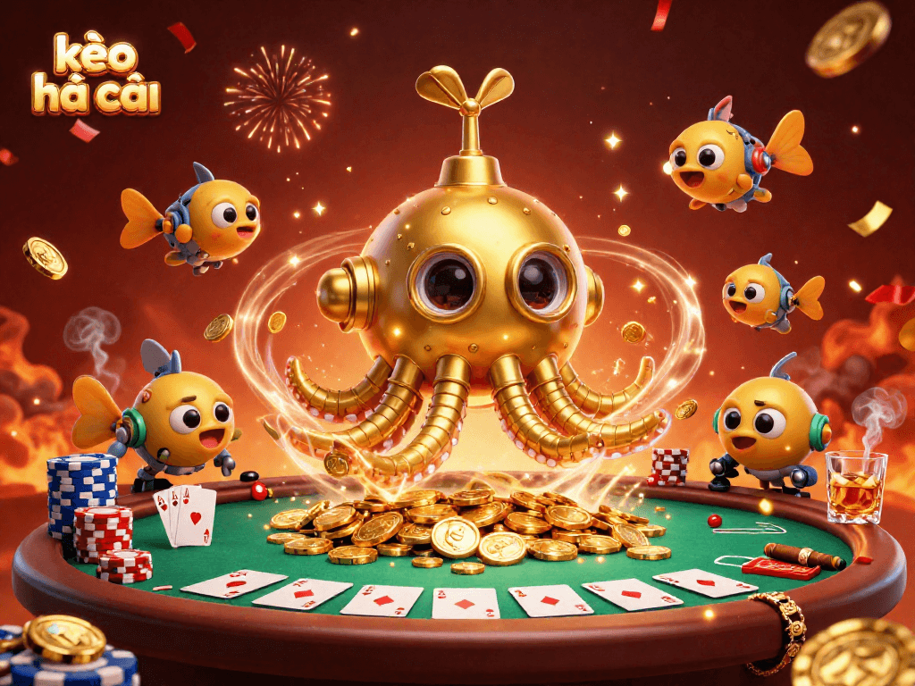 Engage in exciting kèo nhà cái action with a vibrant scene showcasing poker elements and golden kraken.