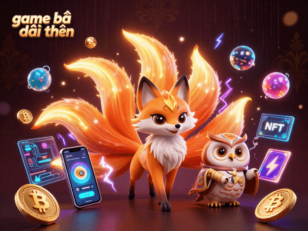 Experience game bài đổi thưởng with vibrant characters and dynamic crypto elements in this illustrated scene.