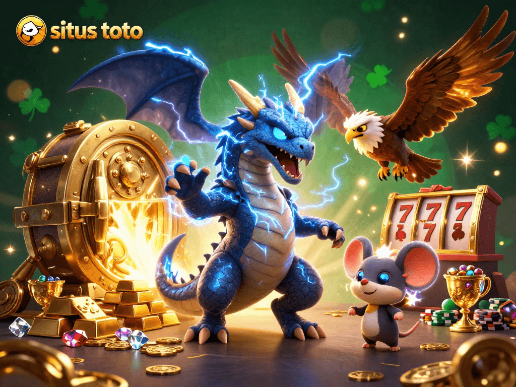 Gambarlah suasana situs toto dengan naga petir, elang, dan tikus petir, dikelilingi harta karun jackpot.