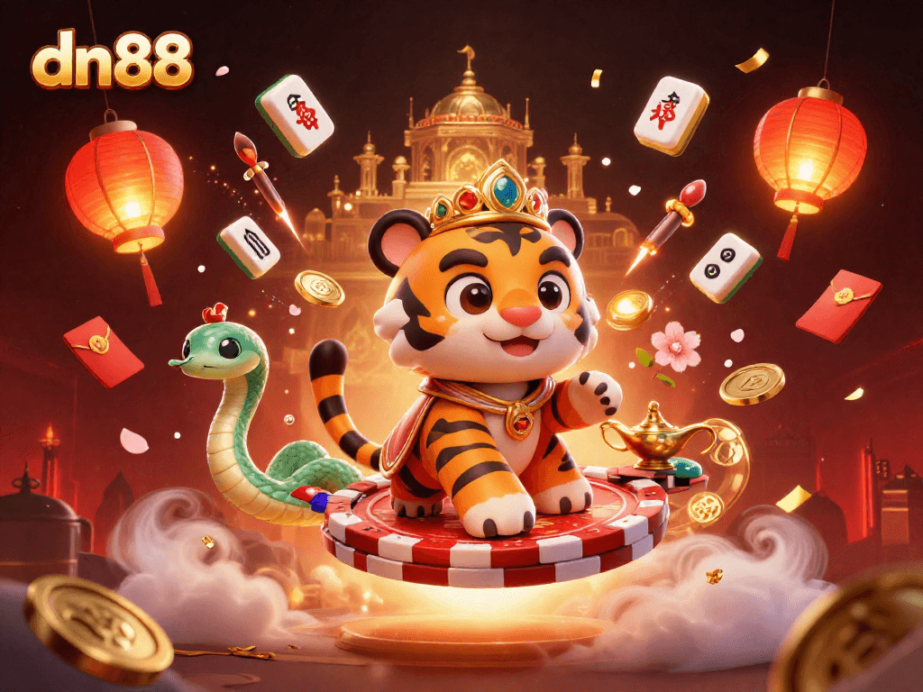 Experience dn88's vibrant casino atmosphere with a tiger sultan on a poker chip carpet surrounded by magical elements.