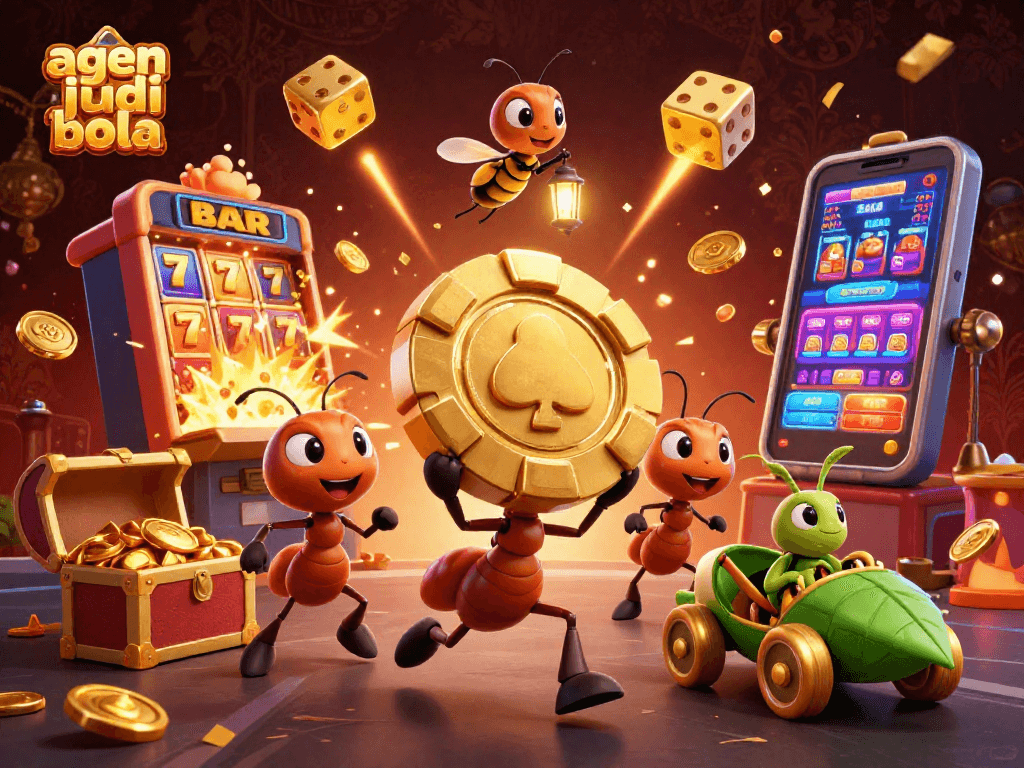 Join the fun on agen judi bola with ants carrying a golden poker chip and slot machine excitement!