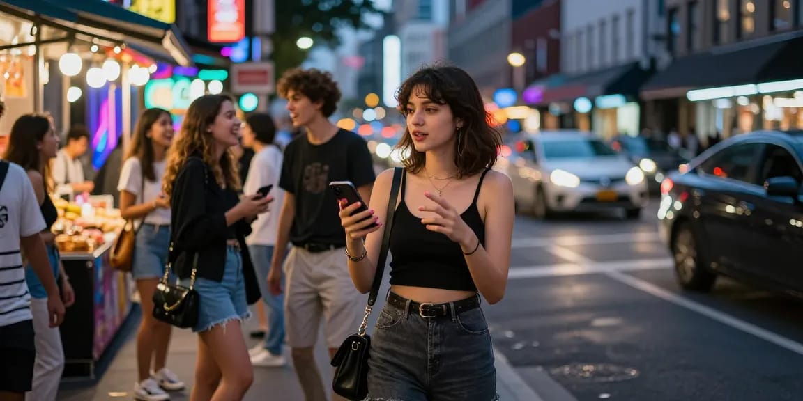 Gái gọi đang mời gọi giữa ánh đèn neon phố thị sôi động