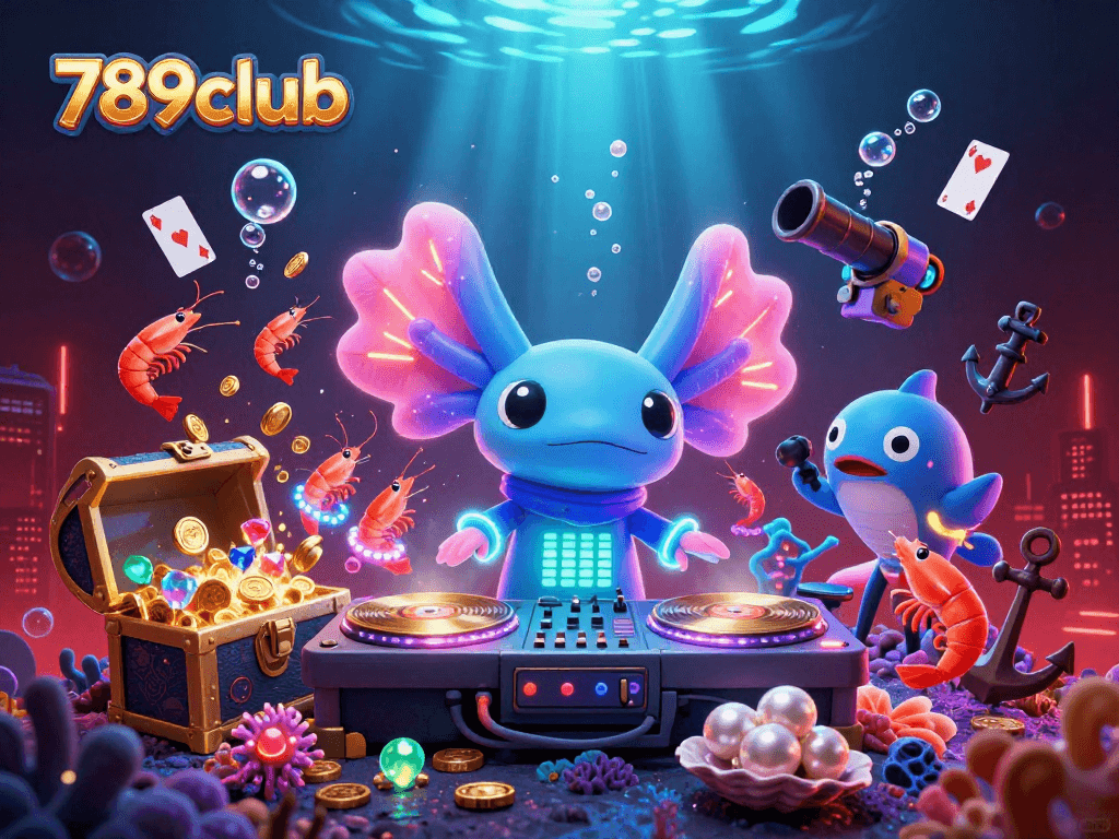 Spin the wheels of fortune with 789club's vibrant underwater casino illustration featuring a lively DJ!