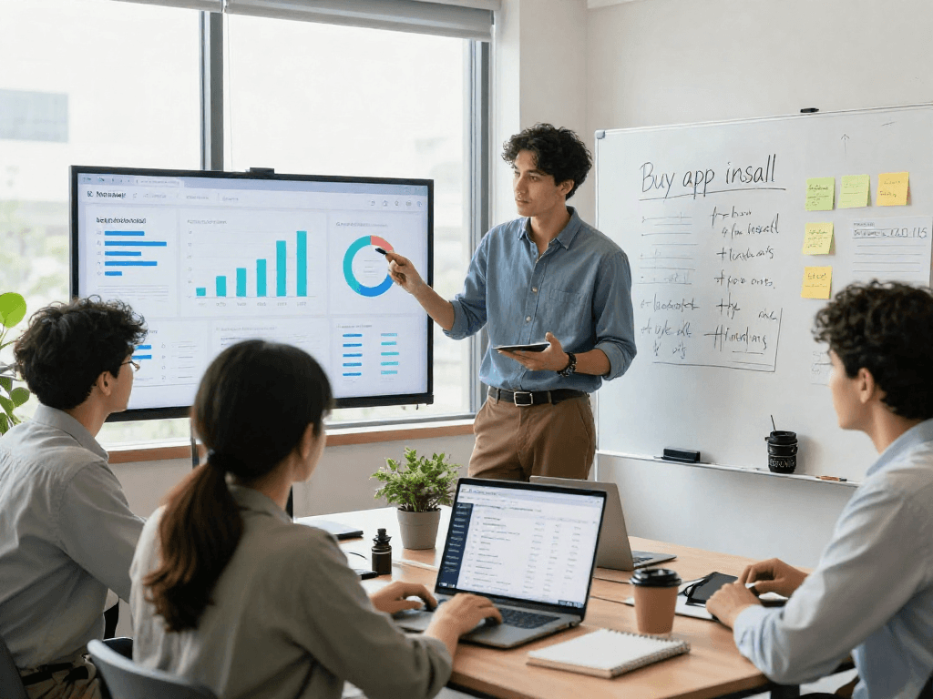 Buy app install strategies illustrated in a collaborative marketing office environment with diverse professionals analyzing app performance metrics.