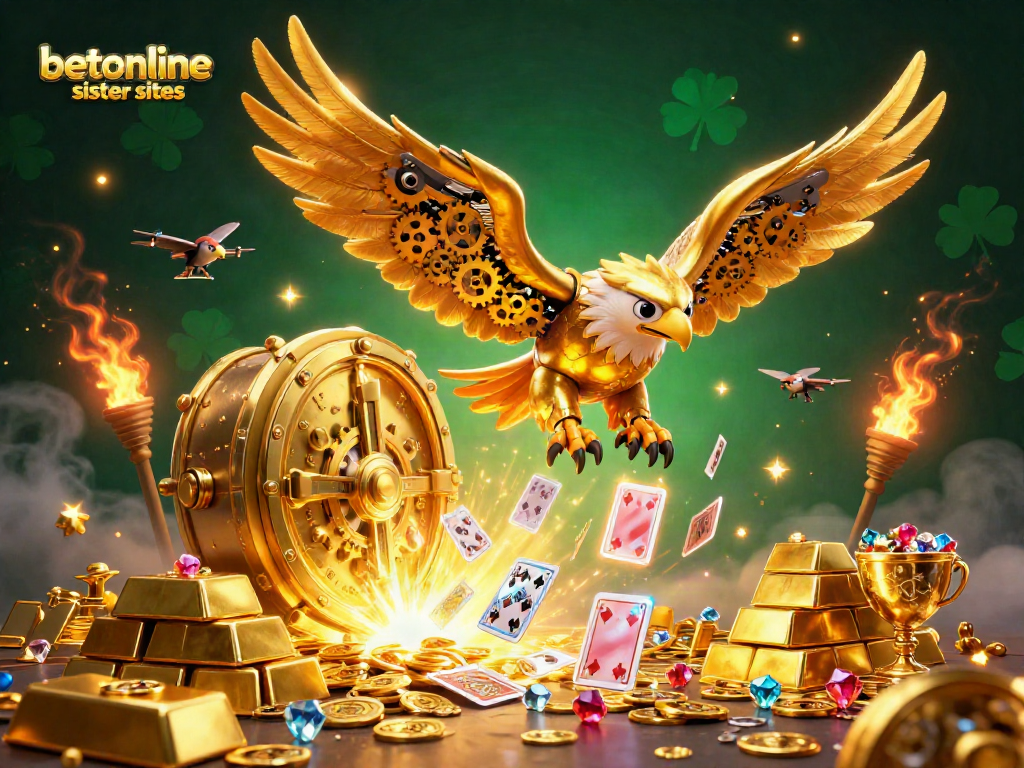 Experience the thrill of betonline sister sites in this dynamic 3D illustration showcasing golden riches and gaming elements.