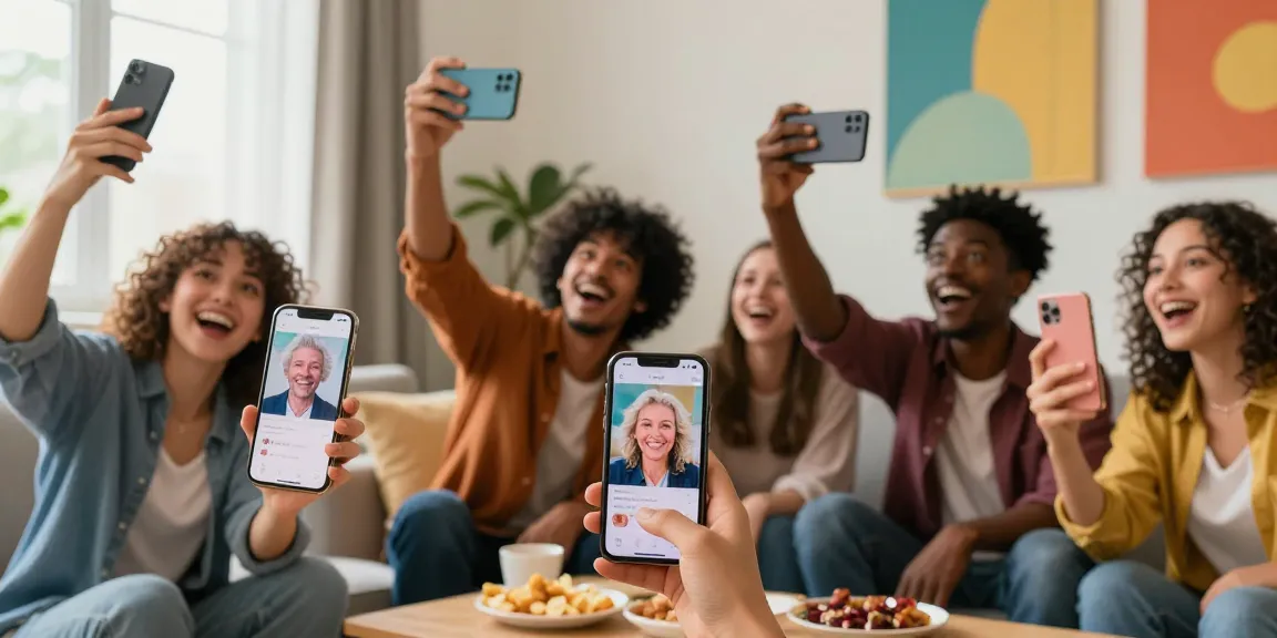 Excited friends analyzing how old do I look with a mobile app in a lively living room.