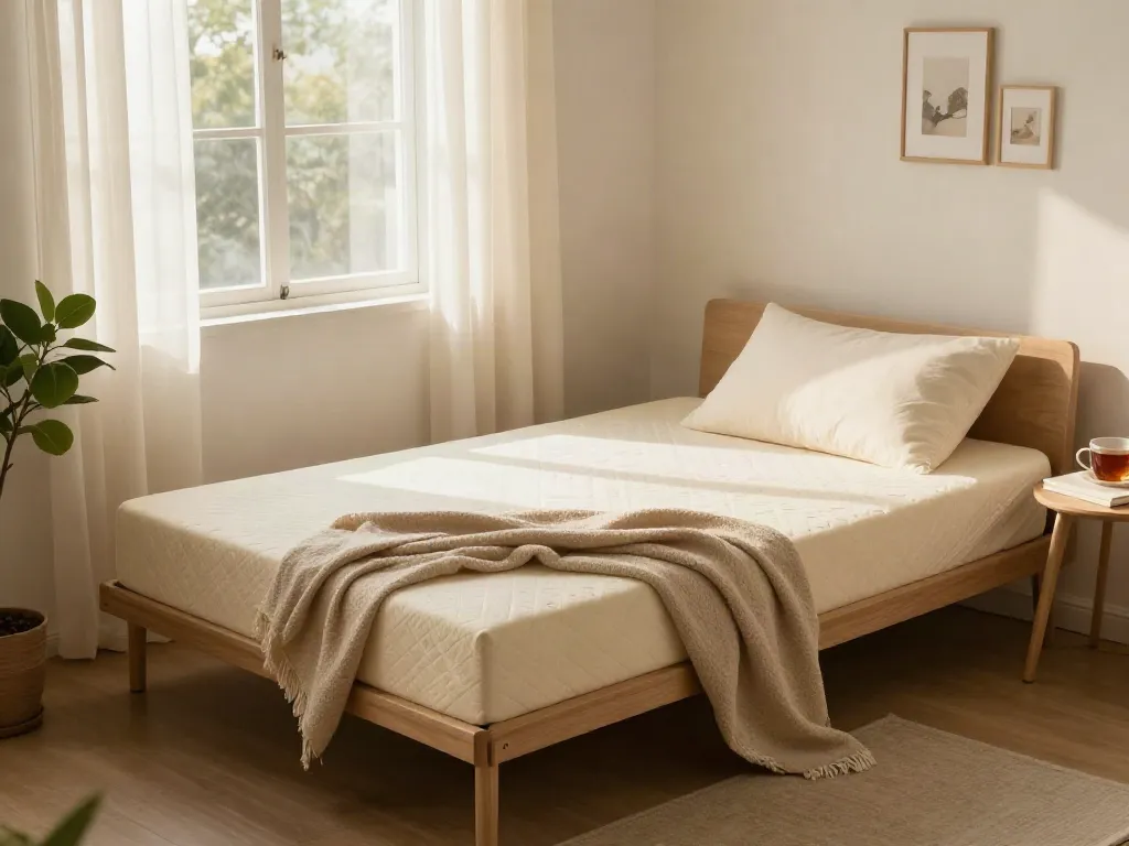 Comfortable portable bed in a cozy bedroom with natural light and soft decor.