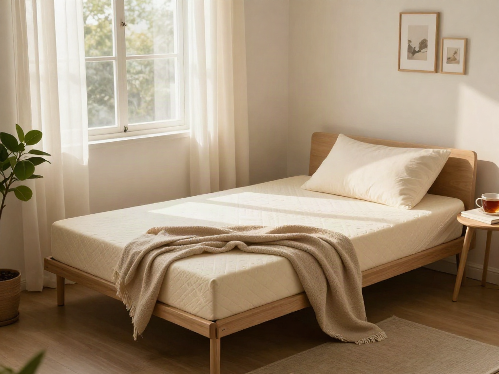 Comfortable portable bed in a cozy bedroom with natural light and soft decor.
