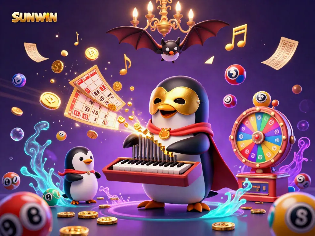 Experience the thrill of SUNWIN with a dynamic casino illustration showing a penguin playing an organ shooting coins, surrounded by lottery elements.
