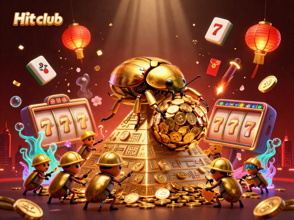 Experience thrilling gameplay at Hit club with golden coins, slot machines, and festive casino elements.