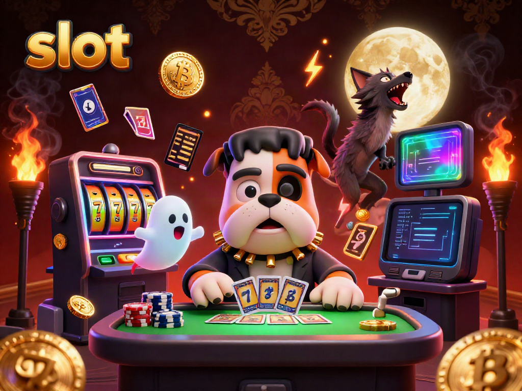 Slot mesin yang menggambarkan Frankenstein bulldog dan kucing werewolf berinteraksi di meja, berisi elemen kasino.