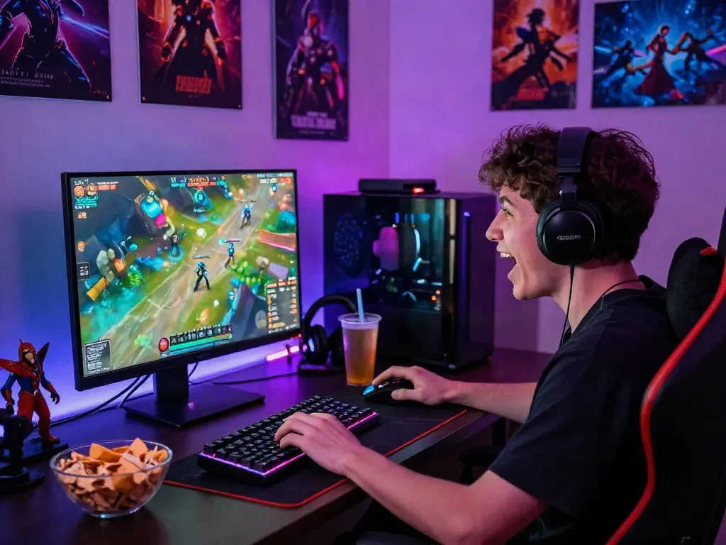 Gamer antusias bermain king128 di ruang terang berwarna-warni dengan perangkat gaming lengkap.