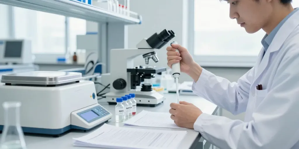 Buy GHK-Cu peptides in a professional lab setting, showcasing research and analysis.