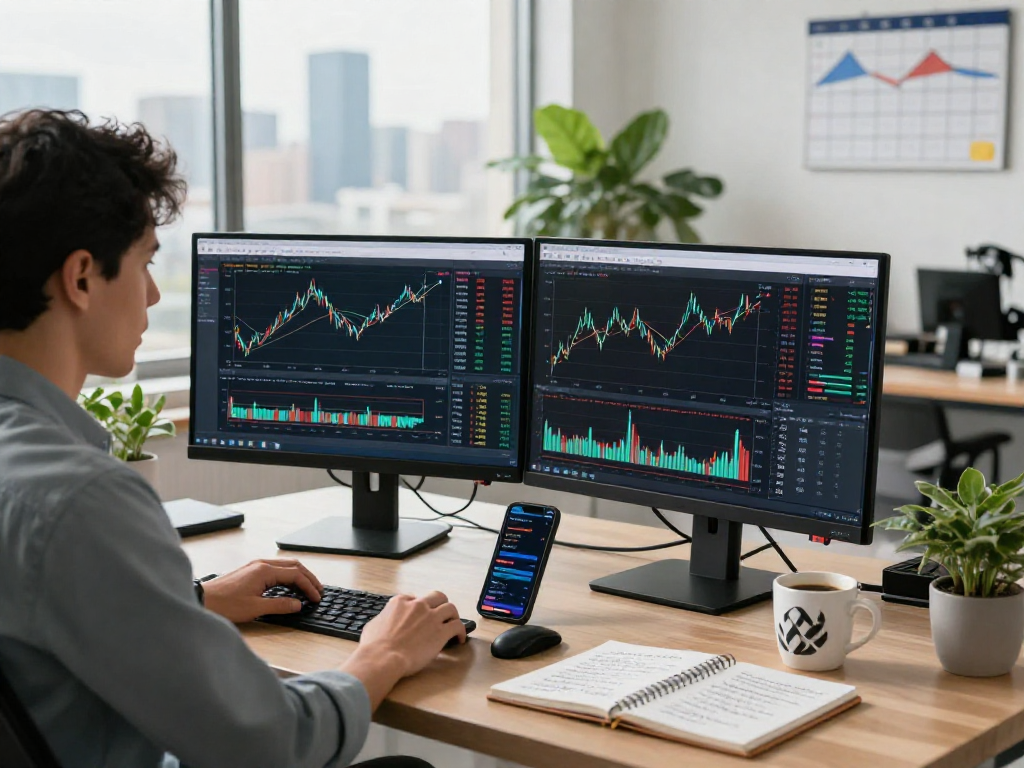 Trader using TradingView software to analyze market data in a modern office setting.