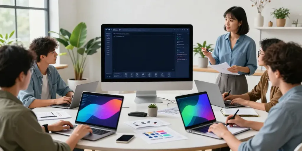 Marketing team collaborating on AI ad descriptions generator in a modern office space.