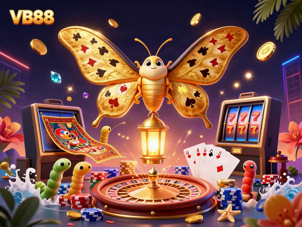 Experience the energetic vibe of VB88 with a vibrant online casino scene featuring golden moths and casino elements.