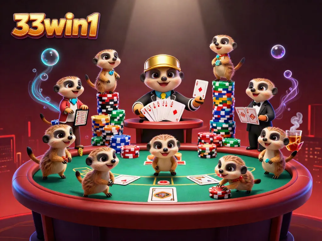 Experience 33win1's thrilling casino action with meerkats in a lively gaming scene.
