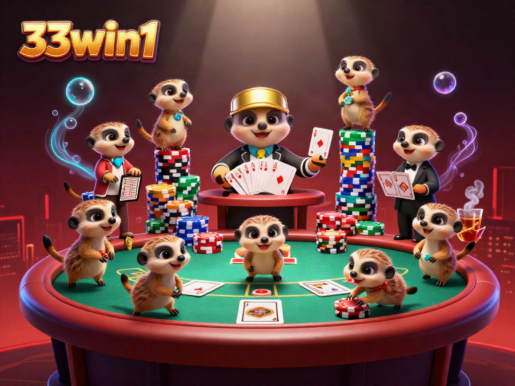 Experience 33win1's thrilling casino action with meerkats in a lively gaming scene.