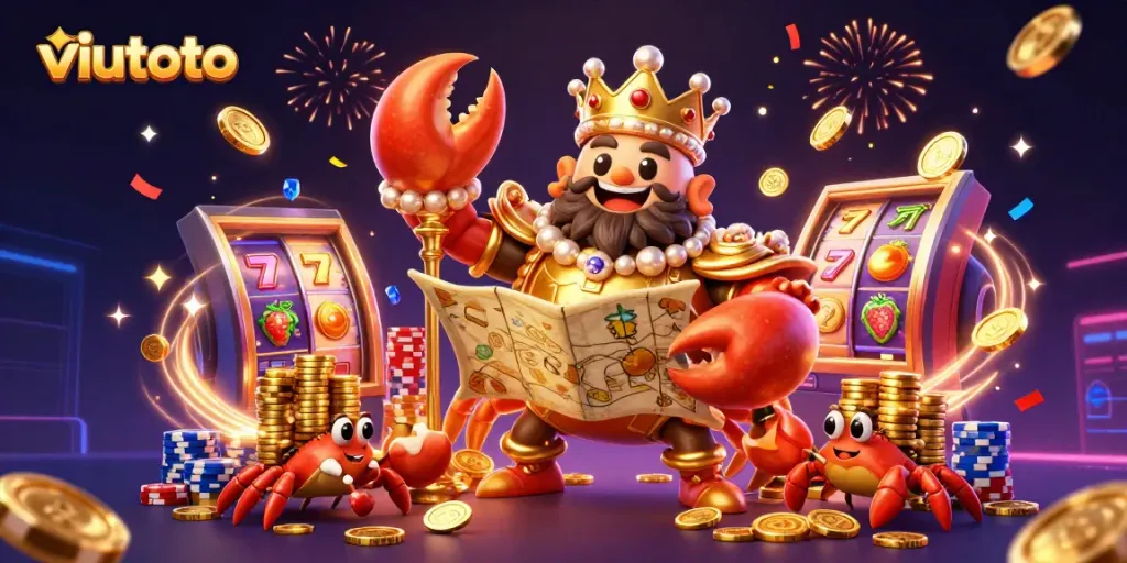 Menang besar dengan viutoto pada mesin slot, dikelilingi uang dan perhiasan yang berkilau.