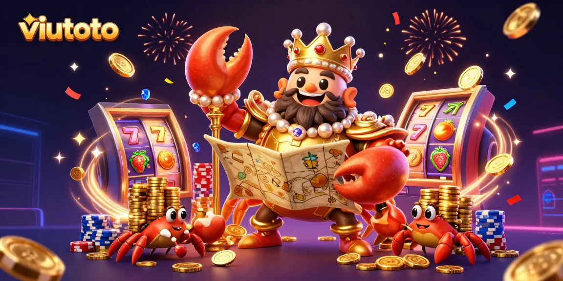 Menang besar dengan viutoto pada mesin slot, dikelilingi uang dan perhiasan yang berkilau.