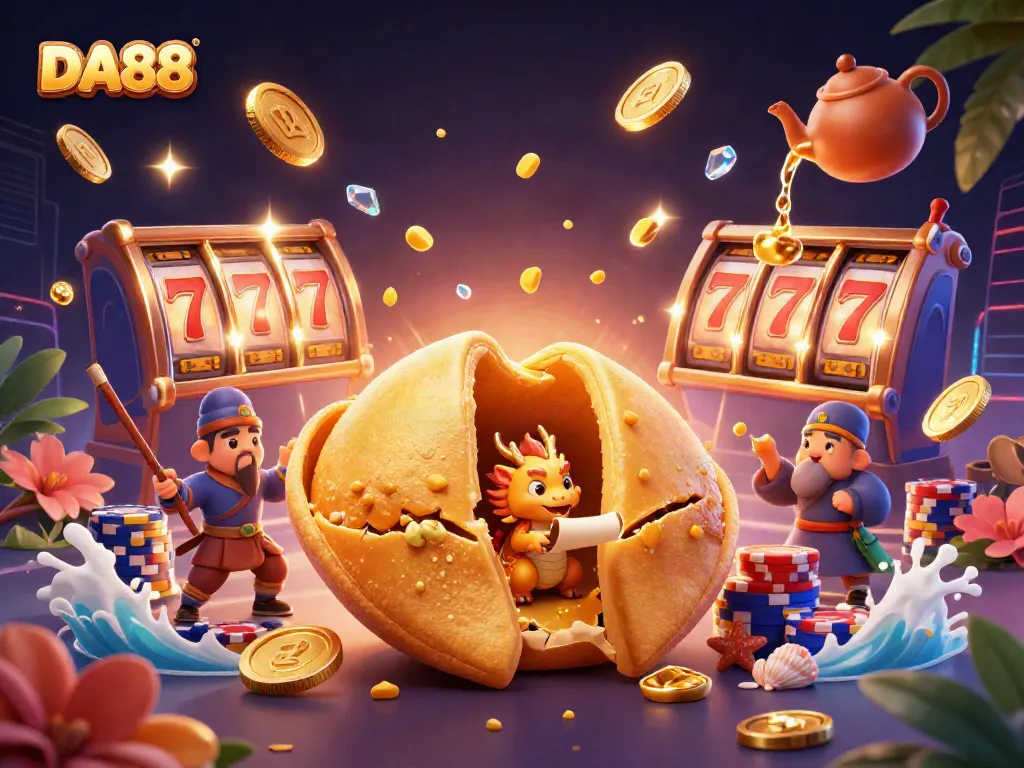 DA88's captivating scene showcases a golden fortune cookie with sparkling gems and slot reels, enhancing the casino experience.
