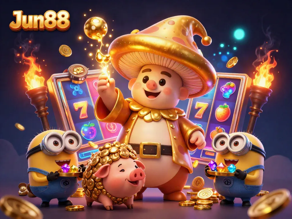 Experience thrilling slots at Jun88 with a magical mushroom wizard and treasure-filled scene.