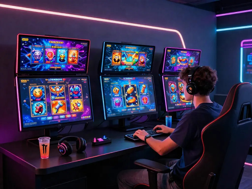 Diverse gaming setup showing PG SLOT games on a colorful screen in an immersive atmosphere