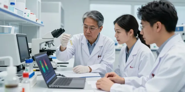 Researchers in lab discussing survo peptide impacts on obesity, showcasing collaboration and innovation.