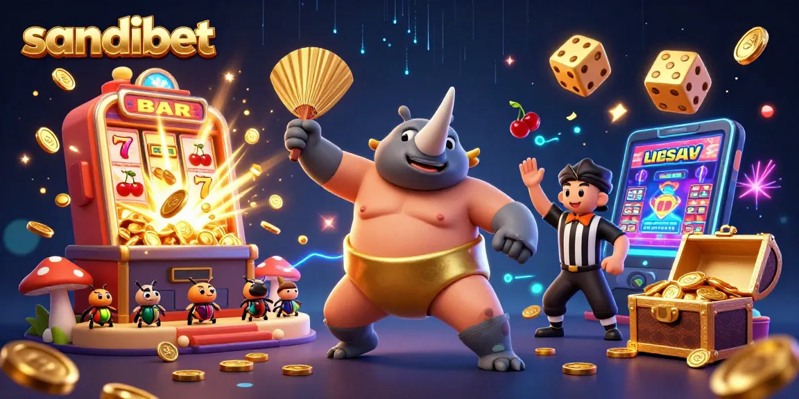 Watch sandibet soar with a triumphant beetle champion amidst vibrant casino chaos and jackpot action.