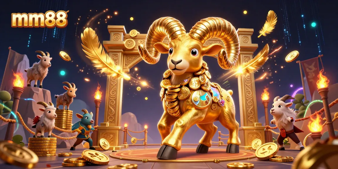 Engage with mm88's vibrant casino realm featuring gold coins, ram, and energetic atmosphere.