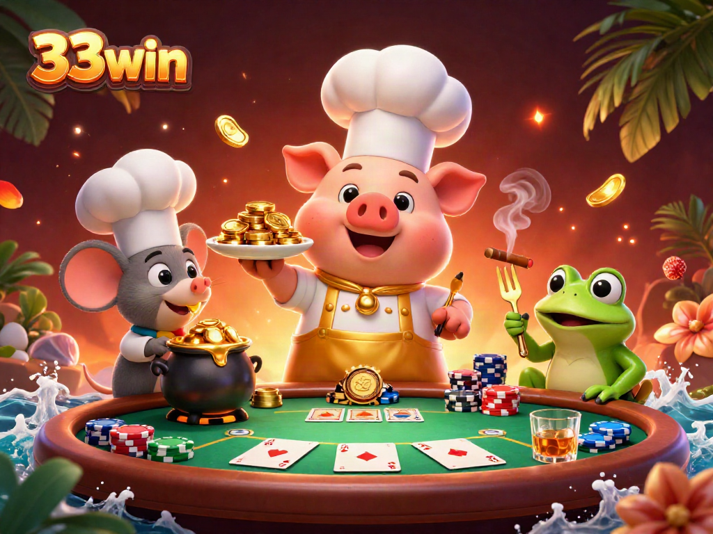 Experience the excitement of winning with 33win's dynamic poker scene filled with gold coins and vibrant characters.