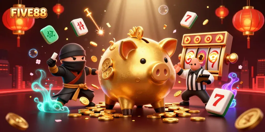 Engage in thrilling gaming at FIVE88 featuring a dynamic sumo wrestler and exciting casino elements.