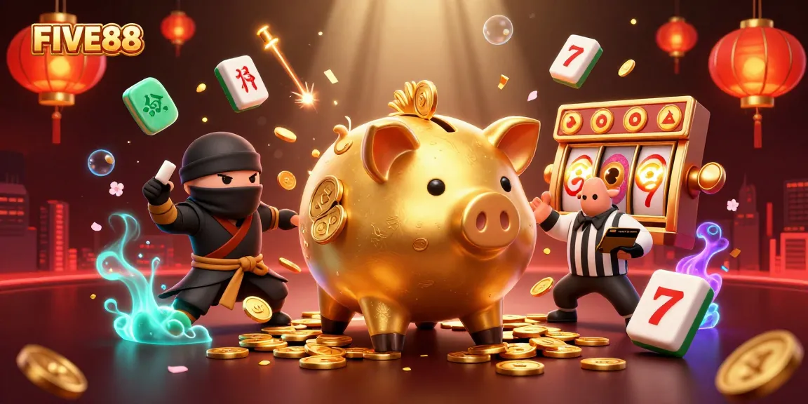 Engage in thrilling gaming at FIVE88 featuring a dynamic sumo wrestler and exciting casino elements.