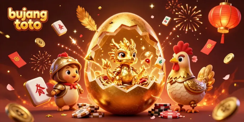 Experience the thrill of bujang toto with a golden baby dragon and poker chips in a festive casino-themed scene.