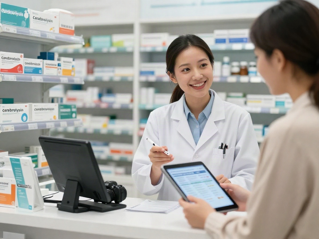 Cerebrolysin buy online assistance in a modern pharmacy with smiling pharmacist and customer